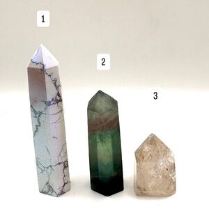 Set of 3 Crystal Towers- Aura Howlite, Rainbow Fluorite & Clear Quartz